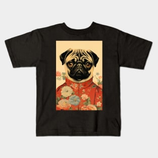 Floral Pug Dog Portrait in Suit Vintage Art Kids T-Shirt